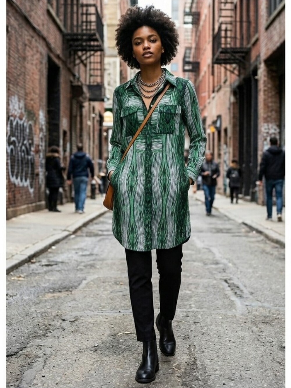 Derek Lam Crosby Green Black Ikat Tribal Print Tunic Shirt Dress Lightweight